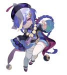  1girl absurdres bandaged_leg bandages black_footwear black_jacket blue_dress braid cropped_jacket dress full_body genshin_impact hair_over_one_eye hat highres jacket long_hair long_sleeves looking_at_viewer ofuda parted_lips purple_hair purple_headwear qing_guanmao qiqi_(genshin_impact) red_eyes shoes simple_background sin_(btc86amme) single_braid sleeves_past_fingers sleeves_past_wrists solo thighhighs very_long_hair white_background white_thighhighs wide_sleeves yin_yang 