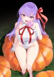  1girl bangs bare_shoulders bb_(fate) bb_(fate/extra) blush breasts candy covered_navel fate/extra fate/extra_ccc fate_(series) food gloves hair_ribbon highleg highleg_leotard large_breasts leotard lollipop long_hair looking_at_viewer neck_ribbon open_mouth pumpkin purple_eyes purple_hair red_ribbon ribbon sitting smile solo swirl_lollipop thighs very_long_hair white_gloves white_leotard yamamura_umi 