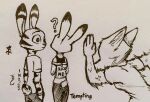  2022 arctic_fox canid canine clothed clothing dipstick_ears disney fox fully_clothed fur group hi_res inktober_2022 jack_savage judy_hopps mammal monochrome multicolored_ears nick_wilde red_fox running shirt skye_(zootopia) t-shirt theblueberrycarrots topwear traditional_media_(artwork) trio_focus zootopia 