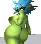  areola big_breasts big_butt blue_hair breasts butt female goblin green_areola green_body green_nipples green_skin hair hi_res huge_butt humanoid looking_back nipples not_furry nude short_stack solo twistingtoxic 