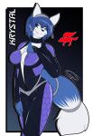  accessory anthro blue_body blue_eyes blue_fur blue_hair canid canine clothing female flight_suit fox fur furgonomics hair hair_accessory headband hi_res krystal mammal nintendo pulling_clothing solo spacesuit star_fox tail_accessory tailband thibbycat undressing video_games 