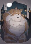  2022 anthro belly big_belly blush brown_body canid canine canis detailed_background domestic_dog eyes_closed genitals halloween halloween_costume haoming hi_res holidays humanoid_genitalia humanoid_hands humanoid_penis kemono male mammal moobs moon mummy_costume navel night nipples outside overweight overweight_male penis solo white_body 