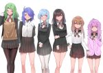  6+girls adomiwan bangs black_jacket black_pantyhose black_skirt blazer blue_eyes blue_hair blush braid brown_eyes brown_hair brown_vest cardigan collared_shirt green_hair hair_over_one_eye hand_on_hip highres jacket light_blue_hair lineup long_hair looking_at_viewer looking_to_the_side medium_hair multiple_girls one_eye_covered original pantyhose parted_lips pink_eyes pleated_skirt purple_cardigan purple_eyes purple_hair school_uniform serafuku shirt sidelocks skirt smile vest white_background white_pantyhose white_shirt 