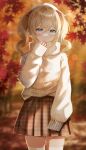  1girl absurdres autumn autumn_leaves barbara_(genshin_impact) blonde_hair blue_eyes blurry blush bokeh brown_skirt cardigan commentary_request cowboy_shot depth_of_field drill_hair genshin_impact hand_up hat highres long_hair long_sleeves looking_at_viewer nail_polish nasii outdoors oversized_clothes plaid plaid_skirt red_nails signature skirt sleeves_past_wrists standing sweater thighhighs turtleneck turtleneck_sweater twin_drills white_cardigan white_headwear white_sweater zettai_ryouiki 
