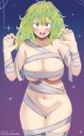  1girl absurdres bandages boku_no_hero_academia breasts claw_pose cleavage devilukez green_eyes green_hair hagakure_tooru halloween halloween_costume hands_up highres large_breasts multicolored_hair mummy_costume naked_bandage navel open_mouth pink_hair solo standing 