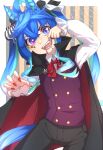  1girl :d @_@ ahoge animal_ears aqua_hair bangs black_cape black_pants blood blood_on_face blue_eyes blue_hair bow bowtie buttons cape commentary_request crossed_bangs double-breasted fangs hair_between_eyes hair_ornament hair_ribbon halloween_costume heterochromia highres horse_ears long_hair long_sleeves looking_at_viewer multicolored_hair nail_polish open_mouth pants purple_eyes red_bow red_bowtie red_nails ribbon sharp_teeth sidelocks smile solo teeth thin_(suzuneya) twin_turbo_(umamusume) twintails two-sided_fabric two-tone_hair umamusume v-shaped_eyebrows vampire_costume very_long_hair vest 