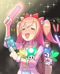  1-up_mushroom 1girl 1up :d =_= agnes_digital_(umamusume) bangs bottle bow card closed_eyes crowd crying dragon_quest fairy glowstick hair_bow highres holding holding_card holding_glowstick katwo kirby_(series) mario_(series) max_revive mega_man_(series) monster_reborn orange_hair pink_hair pokemon pokemon_(game) red_bow smile sparkle the_legend_of_zelda two_side_up umamusume upper_body 