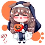  1girl :d azur_lane bangs black_dress black_footwear blush brown_hair candy_hair_ornament chibi closed_eyes crescent crescent_hair_ornament dress facing_viewer food-themed_hair_ornament full_body fumizuki_(azur_lane) habit hair_between_eyes hair_ornament hairclip halloween holding jack-o&#039;-lantern kurukurumagical long_hair long_sleeves nun pantyhose shoes simple_background smile solo standing very_long_hair white_background white_pantyhose 