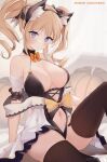  1girl animal_ear_fluff animal_ears bandages barbara_(genshin_impact) bare_shoulders black_thighhighs blonde_hair blue_eyes blush breasts cat_ears cat_girl cleavage clothing_cutout genshin_impact hairband halloween halloween_costume halterneck highres kana_yukino knee_up large_breasts looking_at_viewer navel navel_cutout paid_reward_available patreon_username revealing_clothes sitting solo thick_thighs thighhighs thighs twintails 