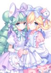  2girls animal_ears apron bell blonde_hair blue_apron blue_bow blue_eyes blush borrowed_character bow closed_mouth collared_dress collared_shirt commission cutesu_(cutesuu) double_bun dress drill_hair eyepatch frilled_apron frilled_bow frilled_sleeves frills green_hair grey_background hair_bell hair_bow hair_bun hair_ornament hair_over_one_eye highres jingle_bell layered_sleeves long_hair long_sleeves medical_eyepatch miruku_(cutesuu) multiple_girls original pink_dress puffy_short_sleeves puffy_sleeves purple_bow purple_skirt rabbit_ears sakura_neko shirt short_over_long_sleeves short_sleeves simple_background skirt sleeves_past_fingers sleeves_past_wrists smile suspender_skirt suspenders very_long_hair waist_apron white_apron wrist_cuffs 