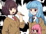  3girls blue_hair brown_hair cardigan carrying carrying_under_arm fang glasses headgear kotonoha_akane kotonoha_aoi lightning_glare long_hair mask mouth_mask multiple_girls necktie nontao one_side_up pink_eyes pink_hair red_eyes school_uniform short_hair surgical_mask touhoku_kiritan voiceroid 