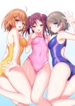  3girls :d ;) ahoge arm_up ass backless_swimsuit bangs bare_arms bare_shoulders blue_background blue_eyes blue_one-piece_swimsuit blush bow braid breasts brown_hair character_request check_character closed_mouth collarbone commission covered_navel feet_out_of_frame gradient gradient_background groin hair_between_eyes hair_bow hair_ornament hairclip highres love_live! love_live!_sunshine!! medium_breasts multiple_girls one-piece_swimsuit one_eye_closed pink_one-piece_swimsuit purple_hair red_eyes sakura_neko sakurauchi_riko smile swimsuit takami_chika twintails watanabe_you white_background x_hair_ornament yellow_bow yellow_eyes yellow_one-piece_swimsuit 