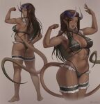  1girl abs arm_up ass barefoot breasts brown_hair commission dark-skinned_female dark_skin from_behind highres horns iwbitu large_breasts long_hair looking_at_viewer looking_back multiple_views muscular muscular_female navel open_mouth original simple_background smile tail thigh_strap thighs yellow_eyes 