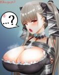  ...? 1girl ? anger_vein areola_slip azur_lane bare_shoulders bdsm between_breasts blush bondage bound breasts cleavage clothing_cutout detached_collar eyebrows_hidden_by_hair formidable_(azur_lane) grey_hair huge_breasts kaguya-san_(nantyu-erosada) long_hair looking_at_viewer necktie necktie_between_breasts open_mouth red_eyes shibari shoulder_cutout signature solo spoken_anger_vein spoken_question_mark steaming_body sweat tape tied_up_(nonsexual) twintails two-tone_dress very_long_hair 