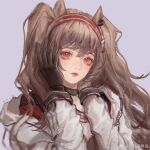  1girl angelina_(arknights) animal_ears arknights bangs belt_collar black_gloves brown_hair collar eyebrows_hidden_by_hair fox_ears fox_girl gloves grey_background heisehaidaitang jacket long_hair looking_at_viewer red_eyes simple_background solo twintails upper_body 