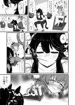  1boy 2girls alternate_costume animal_ears bike_shorts blush breasts cleavage commentary_request dumbbell horse_ears horse_girl horse_tail large_breasts mayano_top_gun_(umamusume) monochrome multiple_girls narita_brian_(umamusume) ponytail running t-head_trainer tail tojosuiku trainer_(umamusume) translation_request umamusume 