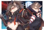  anthro belly canid canine canis domestic_dog duo eyebrows full_moon hair hair_over_eye halloween halloween_costume hi_res holidays lifewonders male mammal midriff moon moritaka one_eye_obstructed overweight ponytail red_eyes scar shino_(housamo) sora_idiotka thick_eyebrows tokyo_afterschool_summoners video_games 