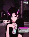  1girl arizona_(drink) black_eyes black_hair can earrings english_commentary english_text facial_tattoo glowing_horns highres holding holding_can horns ii-deactivated-ii jewelry light_smile looking_at_viewer original parental_advisory solo tattoo upper_body window_(computing) 