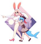  2girls :d absurdres animal_ear_fluff animal_ears arm_grab bare_legs blue_hair braid breasts commentary crown_braid dress english_commentary fish_tail fiz_(fizintine) fizintine full_body full_moon habit hat height_difference high_heels highres juliet_sleeves large_breasts legs long_hair long_sleeves moon multiple_girls no_pupils open_mouth original outstretched_arm pink_footwear pink_hair pirate_hat pointing puffy_sleeves rabbit_ears rabbit_girl shark_tail shoes short_hair smile tail tori_(fizintine) walking wide_sleeves 