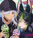  2boys animal_ears ari_(bleum) black_hair black_headwear black_shirt closed_mouth cup cyno_(genshin_impact) dark-skinned_male dark_skin drinking drinking_glass fox_ears genshin_impact green_eyes green_hair grey_hair hair_between_eyes hair_over_one_eye hat hood hoodie low_ponytail male_focus multicolored_hair multiple_boys red_eyes shirt smile streaked_hair tighnari_(genshin_impact) 