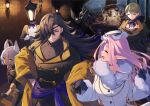  2boys 3girls :d animal_ears black_gloves black_hair breasts character_request cleavage closed_eyes coat crise eyepatch facing_another formal fur_trim gloves hat holding_hands indoors lantern long_hair looking_at_another marlon_morrighan multiple_boys multiple_girls pink_hair pixiv_fantasia pixiv_fantasia_scepter_of_zeraldia pointy_ears smile suit white_coat white_gloves white_headwear window 