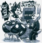  2022 angry anthro big_butt butt canid canine canis cross-popping_vein dialogue duo fan_character hi_res huge_butt lagomorph leporid male male/male mammal parasitedeath rabbit rabbit_(parasitedeath) rubberhose sitting size_difference spanish_text tagme text thick_thighs traditional_media_(artwork) translated video_games wolf wolf_(parasitedeath) 