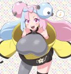  1girl bow-shaped_hair breasts character_hair_ornament grey_pantyhose hair_ornament hexagon_print iono_(pokemon) jacket large_breasts long_hair low-tied_long_hair oversized_clothes pantyhose pokemon pokemon_(game) pokemon_sv sharp_teeth shirt single_leg_pantyhose sleeveless sleeveless_shirt sleeves_past_fingers sleeves_past_wrists solo star_(symbol) star_in_eye symbol_in_eye teeth torathi very_long_sleeves x yellow_jacket 
