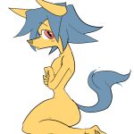  anthro blue_hair canid canine canis cute_eyes female hair hiding_breasts humanoid male male/female mammal nsfwillton nude shy solo wolf yellow_body 
