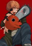  chainsaw chainsaw_devil chainsaw_man denji_(chainsaw_man) eyepatch highres holding holding_chainsaw illustrator jacket long_sleeves looking_at_viewer original pochita_(chainsaw_man) red_background reflection self_upload shirt simple_background smile smolducko tongue tongue_out white_shirt 