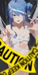  1girl absurdres bandage_over_one_eye bandages bare_shoulders blue_eyes blue_hair blurry blush breasts caution_tape claw_pose cleavage collarbone depth_of_field fang hair_bun halloween halloween_costume hands_up highres hololive hoshimachi_suisei long_hair looking_at_viewer mummy_costume no_pants open_mouth sidelighting small_breasts solo star_(symbol) star_in_eye sweatdrop symbol_in_eye virgo76612871 virtual_youtuber 