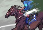  1boy 1other black_gloves blue_shirt bridle character_name commentary from_side gloves highres horse horse_racing jockey open_mouth panthalassa_(racehorse) pants real_life reins shirt takatsuki_nato white_pants yoshida_yutaka 