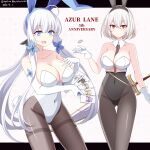  6+girls absurdres animal_ears anniversary azur_lane black_pantyhose blue_eyes card character_request coin collarbone detached_collar elbow_gloves fake_animal_ears formidable_(azur_lane) gloves hebitsukai-san highres illustrious_(azur_lane) leotard long_hair multiple_girls open_mouth pantyhose playboy_bunny playing_card rabbit_tail red_eyes sirius_(azur_lane) sword tail unicorn_(azur_lane) weapon white_gloves white_hair white_leotard 