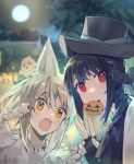  2girls animal_ears bangs black_hair black_headwear blurry blurry_background blush cheeze_(akizone) claw_pose fangs final_fantasy final_fantasy_xiv full_moon ghost highres house looking_at_viewer moon mouth_hold multiple_girls night open_mouth original outdoors portrait pumpkin red_eyes renz_(rirene_rn) rirene_rn smile teeth tree v 