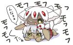  2girls animal_ears chibi drooling faputa furry highres lying lying_on_person made_in_abyss multiple_girls nanachi_(made_in_abyss) nontao on_stomach one_eye_closed translated white_background white_hair yellow_eyes 