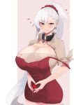  1girl absurdres aya_roushi azur_lane bangs belfast_(azur_lane) blue_eyes braid breasts brown_shirt cleavage cleavage_cutout closed_mouth clothing_cutout collar commentary_request cowboy_shot dress hair_ornament hair_scrunchie heart heart_hands highres huge_breasts long_hair looking_at_viewer metal_collar red_dress red_scrunchie scrunchie shirt simple_background solo strap_slip tsurime very_long_hair white_hair 