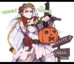  1girl braid breasts bridal_veil cammy_white dress flower gun halloween hershuar imi_uzi muscular muscular_female official_alternate_costume pale_skin plant rose single_thighhigh solo street_fighter street_fighter_v submachine_gun thighhighs twin_braids veil vines weapon wedding_dress 