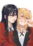  2girls anger_vein black_hair blonde_hair blush closed_mouth highres hyakkaou_academy_uniform jabami_yumeko kakegurui lipstick_mark lipstick_mark_on_cheek multiple_girls orange_eyes parted_lips red_eyes saotome_mary school_uniform xian_(nykopoi) yuri 