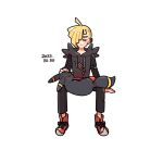  1boy ahoge arm_support bangs black_pants black_shirt blonde_hair blush closed_eyes closed_mouth commentary_request daifuku_(pokefuka_art) dated ear_piercing facing_viewer fanny_pack gladion_(pokemon) grey_vest hair_over_one_eye hood hooded_vest hoodie invisible_chair male_focus on_lap pants piercing pokemon pokemon_(creature) pokemon_(game) pokemon_on_lap pokemon_sm red_bag red_footwear shirt shoes sitting tassel torn_clothes torn_pants torn_shirt umbreon vest 