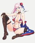  absurdres american_flag_legwear ass asymmetrical_footwear asymmetrical_gloves asymmetrical_hair bangs blue_eyes boots breasts bun_cover choker fate/grand_order fate_(series) fingerless_gloves flag_print gloves grey_hair hair_bun highres large_breasts long_hair miyamoto_musashi_(fate) miyamoto_musashi_(swimsuit_berserker)_(fate) navel odachu open_clothes open_mouth pink_hair shrug_(clothing) single_hair_bun single_hair_intake single_side_bun single_sidelock single_thigh_boot swept_bangs thigh_boots 