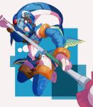  1girl :| absurdres android blue_eyes boots breasts closed_mouth fins fish_tail gloves hair_ornament helmet highres holding holding_polearm holding_weapon leviathan_(mega_man) looking_at_viewer mega_man_(series) mega_man_zero omochi_(mochi_skymega) polearm robot robot_girl spear tail thigh_boots thighhighs waist_cape weapon white_gloves 