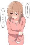  1girl brown_eyes brown_hair closed_mouth commentary_request long_sleeves looking_to_the_side original pajamas pink_pajamas short_hair simple_background speech_bubble tera_zip translation_request white_background 