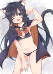  1girl ;d alternate_costume animal_ears asashio_(kancolle) ass_visible_through_thighs bikini black_bikini black_hair blue_eyes bow bowtie cape cat_ears cat_tail commentary cowboy_shot fang highres kantai_collection kayuma long_hair looking_at_viewer navel one_eye_closed smile solo swimsuit tail 