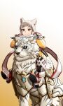  1girl absurdres animal_ears armored_boots bangs boots brown_hair cat_ears cat_girl closed_mouth dromarch_(xenoblade) full_body gloves highres jumpsuit long_sleeves mahyohan_(johnmah) nia_(xenoblade) riding shoe_soles short_hair smile solo tiger two-tone_background white_background white_gloves xenoblade_chronicles_(series) xenoblade_chronicles_2 yellow_background yellow_eyes yellow_jumpsuit 