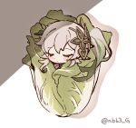  1girl bangs blush cabbage closed_eyes commentary_request dot_mouth food genshin_impact green_hair grey_hair hair_between_eyes hair_ornament long_hair multicolored_hair nahida_(genshin_impact) napa_cabbage nbb3 ponytail side_ponytail simple_background sleeping solo twitter_username vegetable 