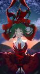  1girl absurdres blurry depth_of_field dress floating_hair green_eyes green_hair hair_ribbon highres kagiyama_hina long_hair long_sleeves looking_up mizoreshi open_mouth red_dress red_ribbon ribbon sky solo touhou upper_body 