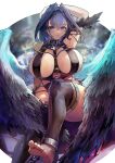  1girl absurdres angel angel_wings arm_above_head arm_up bangs blue_eyes blue_hair breasts choker cleavage feathered_wings hair_intakes highres hololive hololive_english large_breasts looking_at_viewer ouro_kronii revealing_clothes short_hair solo thighhighs virtual_youtuber vyragami wings 