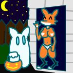  anthro breasts canid canine cute_expression duo fan_character felid feline female fox ghost halloween holidays low_res male male/female mammal noboyasaku paws simple_coloring size_difference spirit star 