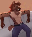  anthro belt bottomwear clawed_fingers claws clothed clothing cwasaunt exposed_teeth fangs fur furniture hair hi_res hyaenid looking_at_viewer male mammal muscular muscular_anthro muscular_male pants smile smirk sofa solo spots spotted_body spotted_fur teeth topless topless_anthro 