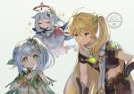  1boy 2girls aether_(genshin_impact) ahoge artist_name blonde_hair closed_eyes dress earrings fushitasu genshin_impact gradient_hair green_eyes green_hair hair_ornament halo jewelry leaf_hair_ornament long_hair multicolored_hair multiple_girls nahida_(genshin_impact) paimon_(genshin_impact) pointy_ears ponytail scarf side_ponytail simple_background single_earring smile sweatdrop white_dress white_hair white_scarf yellow_eyes 