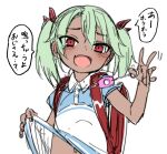  1girl backpack bag crime_prevention_buzzer green_hair miyao_ryuu original randoseru red_eyes shirt solo white_background white_shirt 